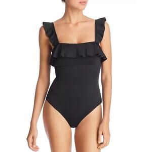 Eberjey So Solid Jane Ruffle One Piece Swimsuit Square Neck Black Size XS NWT